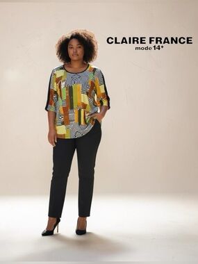 CLAIRE FRANCE, 1X Plus Size, Abstract Geometric Stretch Tunic Top, Black Colors
